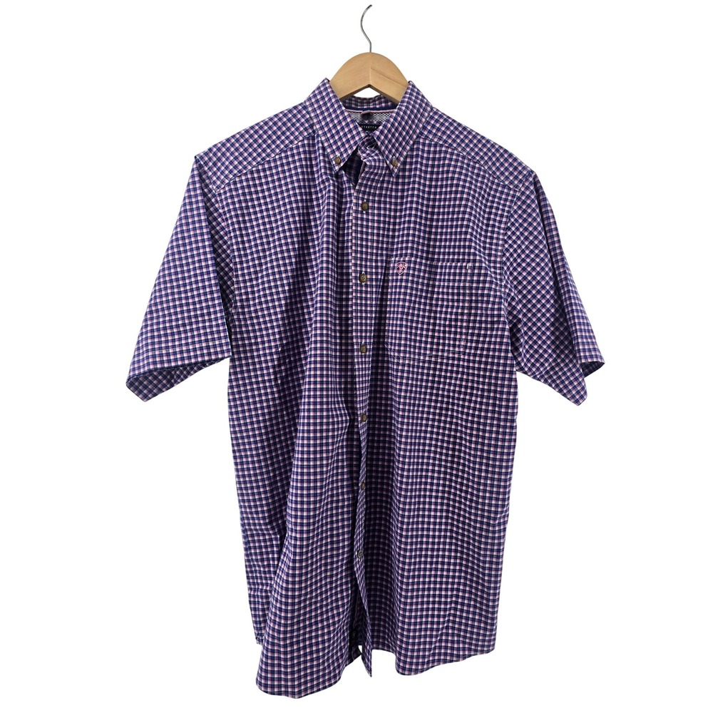 Ariat Button Down Mens S Purple Pierce Pro Series Stretch Gingham‎ Short Sleeve
